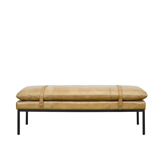 Contemporary bench with tan leather strap detailing