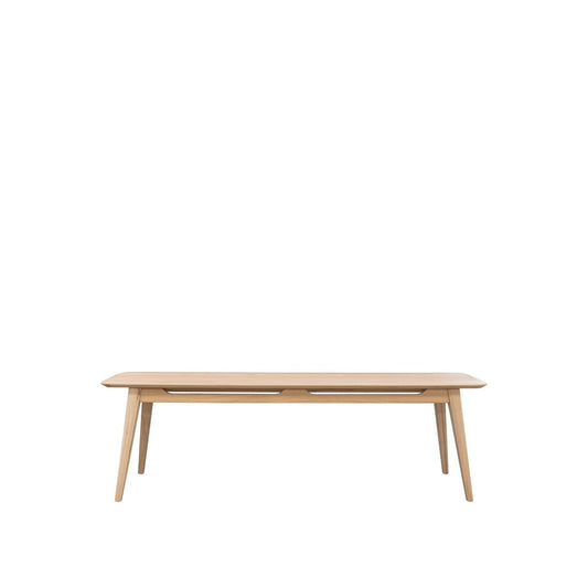 Smooth curved edges and oak finish on Rokke bench