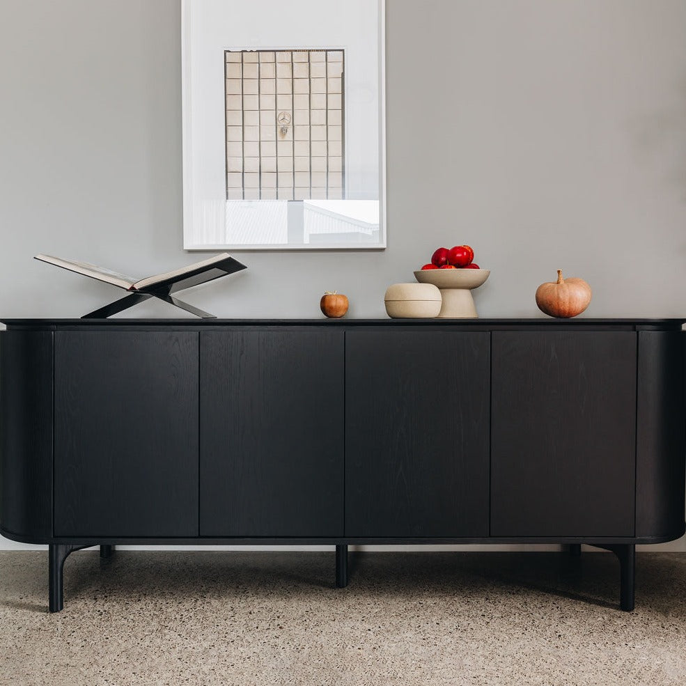 Contemporary oak media console with storage and cable management