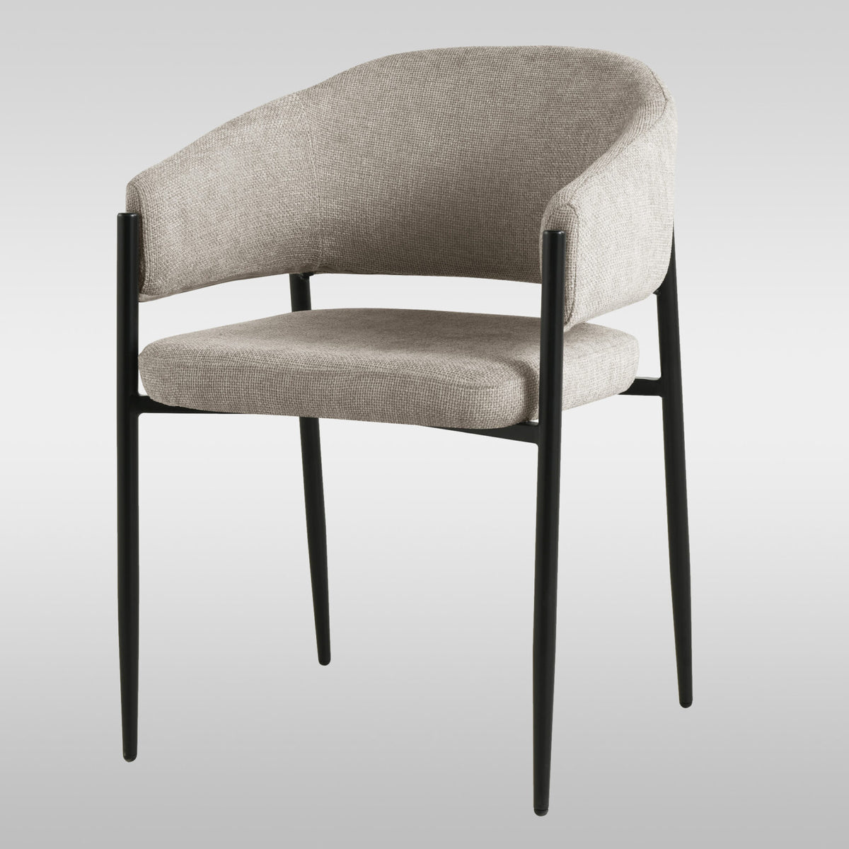 A modern dining chair in a soft cream fabric, featuring a sleek powder-coated steel frame and comfortable upholstered seat.