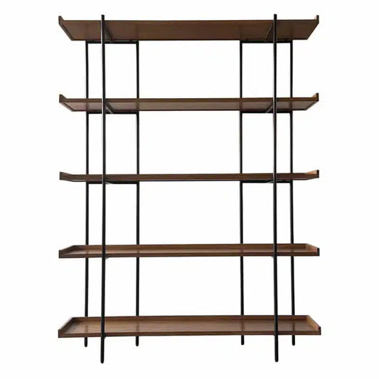 A bold, industrial-style bookcase combining oak shelving with a sleek black iron frame.