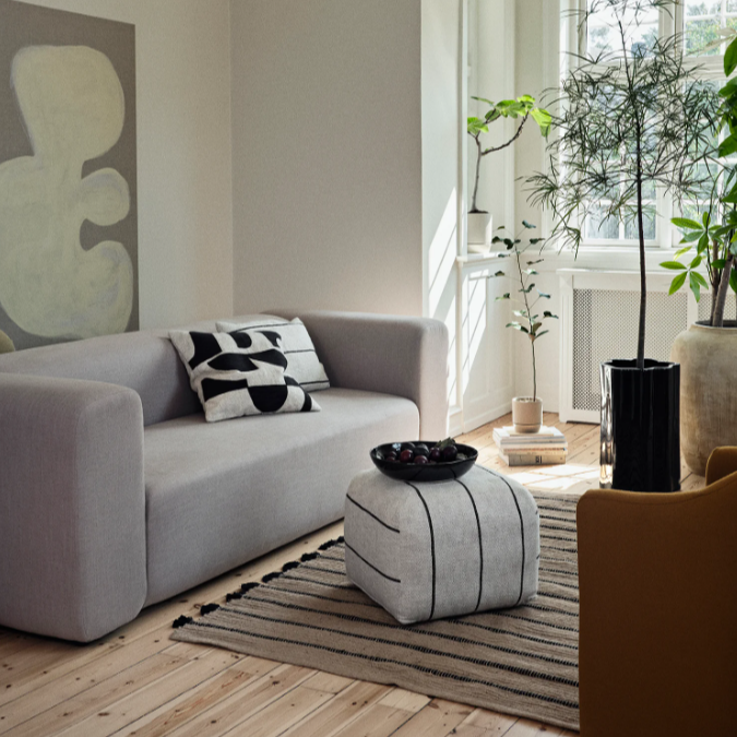 Sigrid Pouf with cotton and linen blend and minimalist stripes