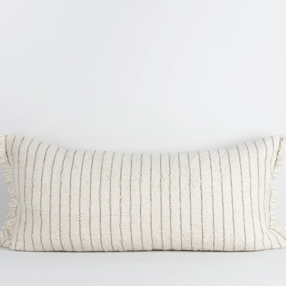 Niseko wool and cotton throw in navy with linear detail and fringe