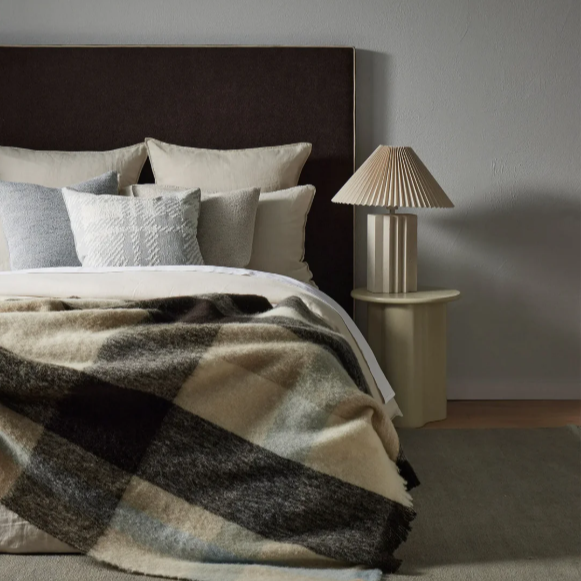 Kinloch wool throw with sage, blue, and off-white multi-check design