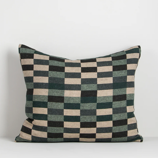 The Hugo 45x55cm lumbar cushion features a moss-green grid print on pure linen, blending natural tones with a contemporary graphic edge.