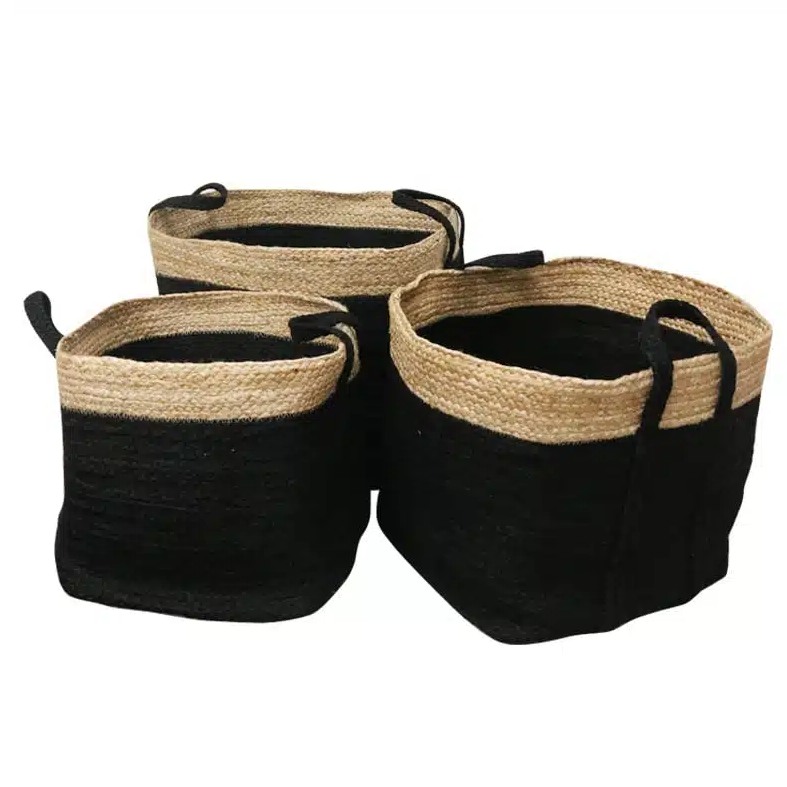 Three black and beige woven storage baskets