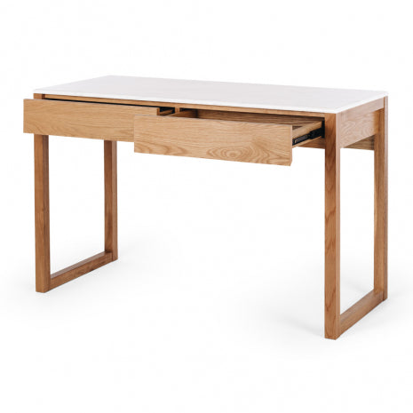 Chamfered oak table with telescopic drawer runners