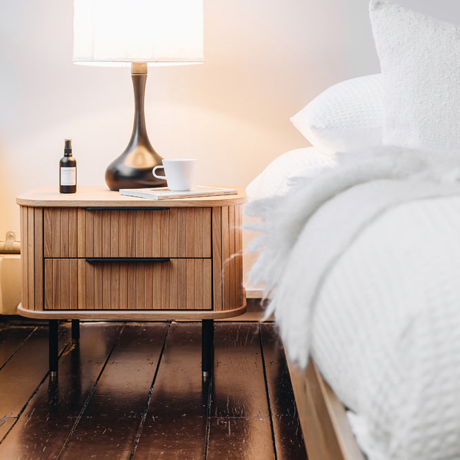 Anders Bedside Table in solid oak with brass-accented metal legs