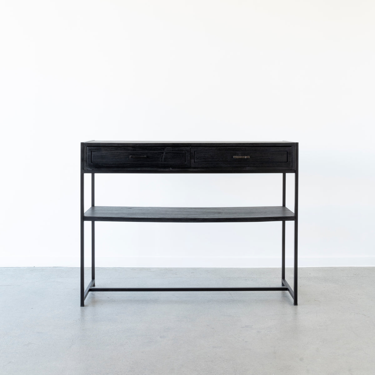 Cromwell Console with black iron frame and wooden shelves