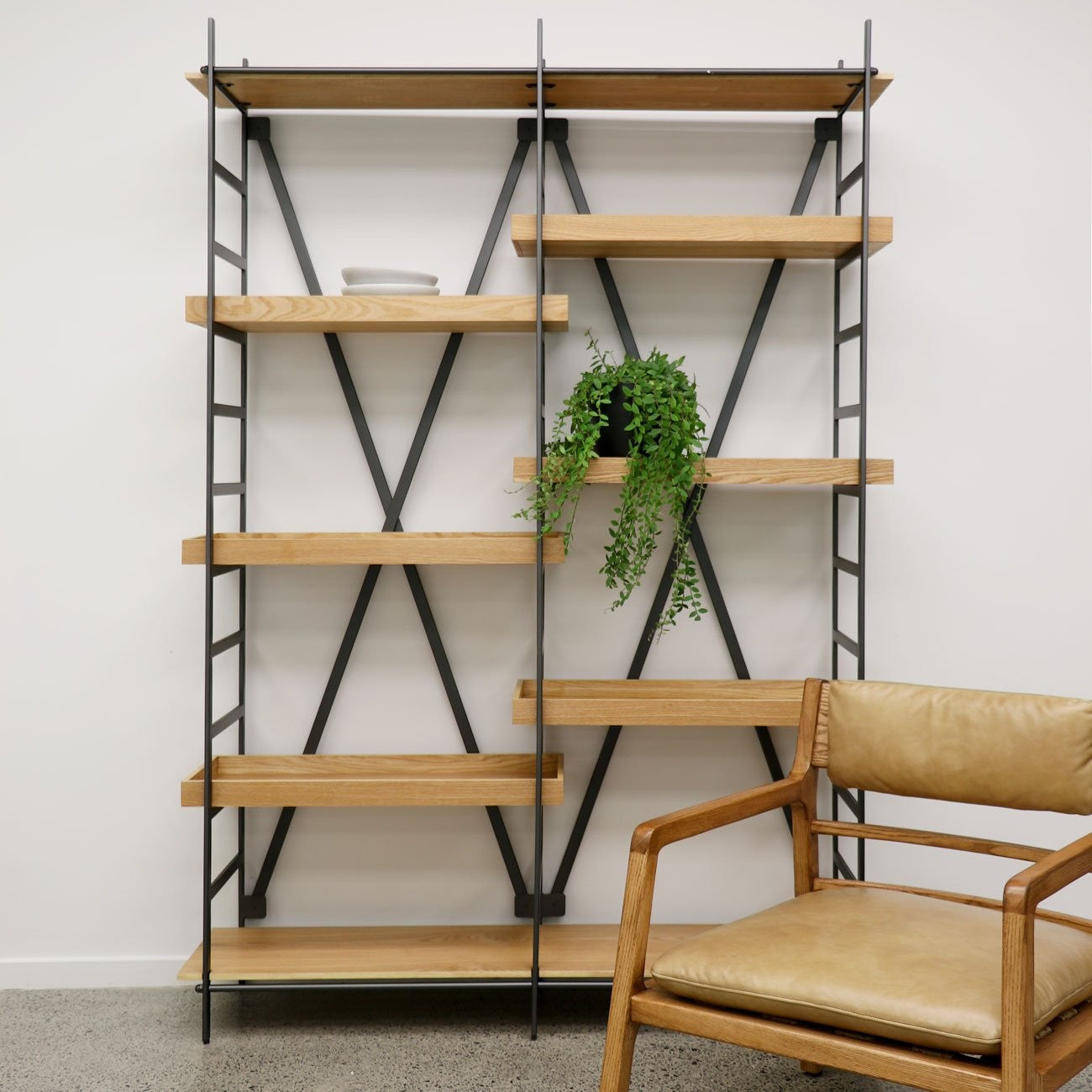 Adjustable oak tray shelving unit with metal frame