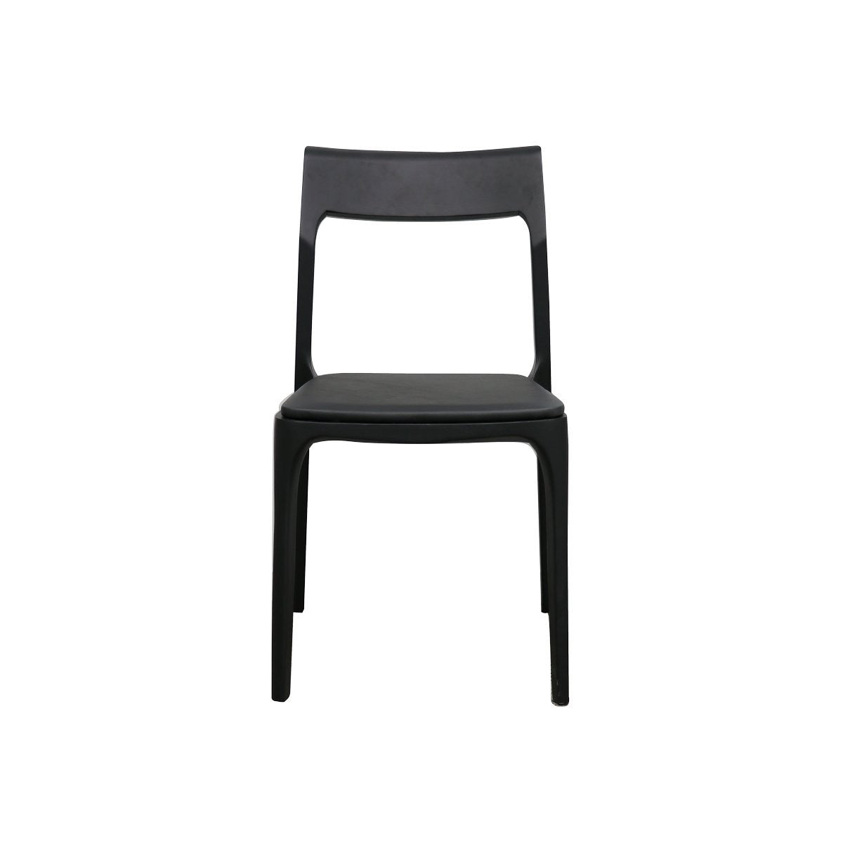 A sleek, stackable dining chair combining contemporary design with versatile upholstery options in leather or fabric.
