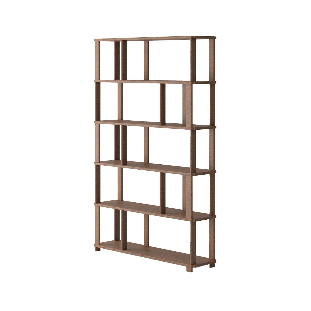 Sola Bookshelf with asymmetrical solid oak shelves and walnut finish