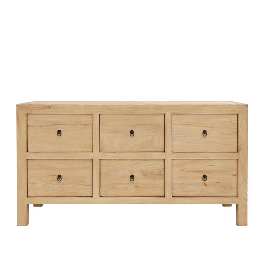 A timeless six-drawer buffet crafted from reclaimed elm, offering generous storage with natural warmth and refined simplicity.