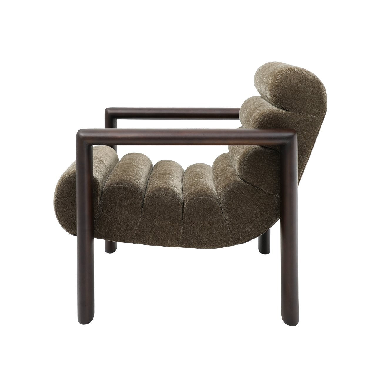A bold, sculptural accent chair with channelled velvet upholstery and distinctive timber arms.