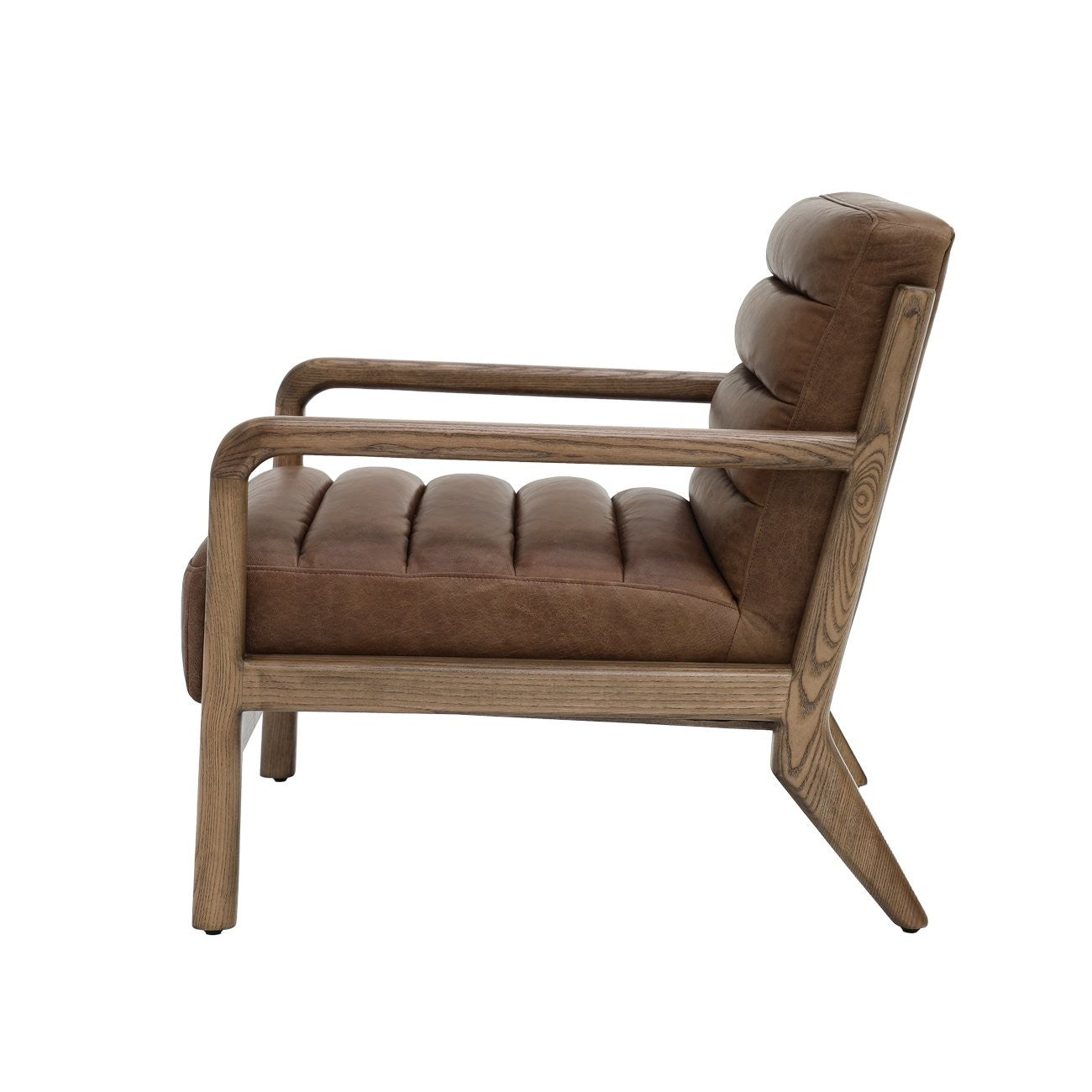 A relaxed, retro-inspired armchair with a low timber frame and soft leather cushions, designed for laid-back comfort.