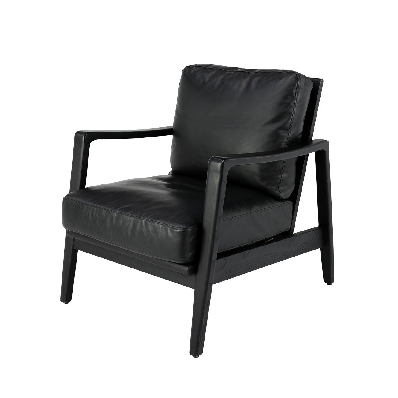 The Reid Armchair blends contemporary design with premium comfort, featuring hand-dyed leather, a sculptural strap backrest with brass buckle detail, and a supportive foam and feather cushion combination.