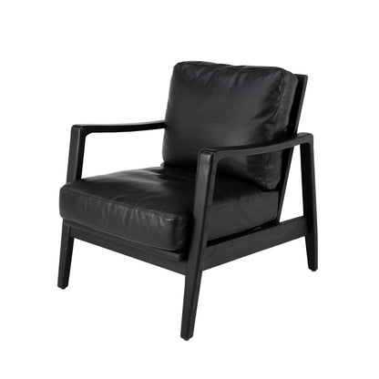 The Reid Armchair blends contemporary design with premium comfort, featuring hand-dyed leather, a sculptural strap backrest with brass buckle detail, and a supportive foam and feather cushion combination.