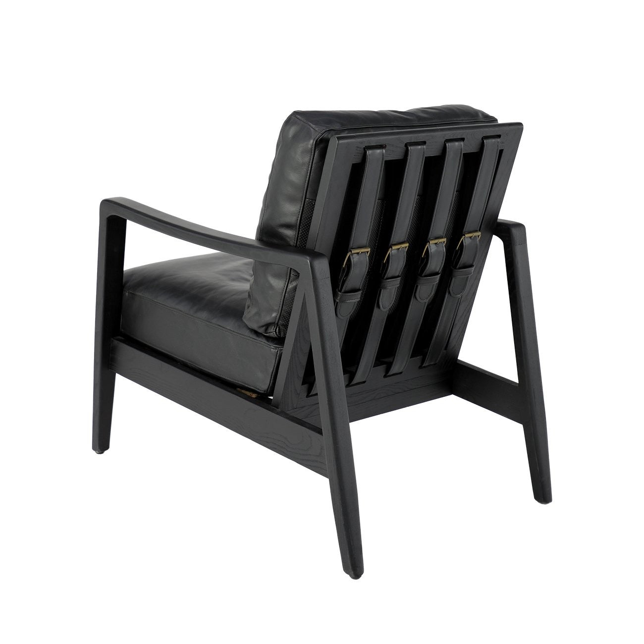 The Reid Armchair blends contemporary design with premium comfort, featuring hand-dyed leather, a sculptural strap backrest with brass buckle detail, and a supportive foam and feather cushion combination.