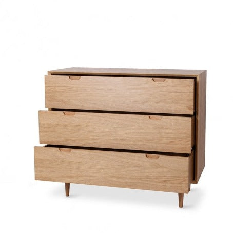 A brown Oslo 3-drawer chest featuring oak veneers and sculpted solid oak legs bedroom furniture christchurch