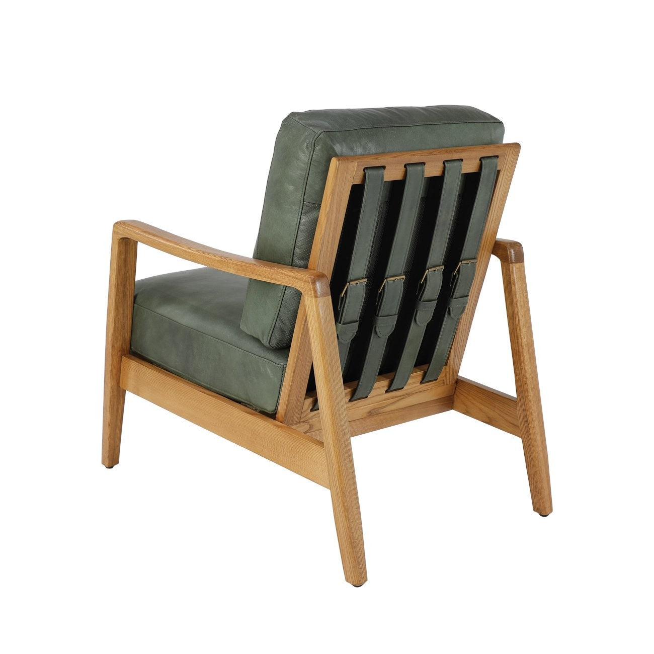 The Reid Armchair blends contemporary design with premium comfort, featuring hand-dyed leather, a sculptural strap backrest with brass buckle detail, and a supportive foam and feather cushion combination.