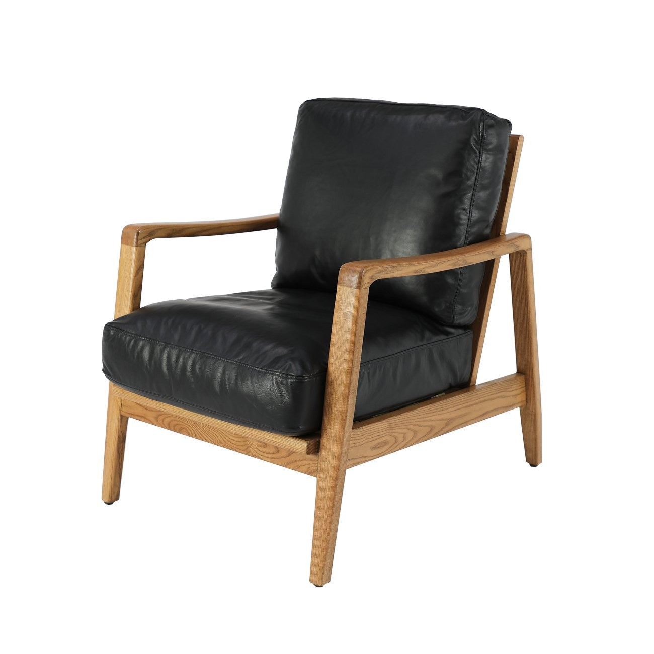 The Reid Armchair blends contemporary design with premium comfort, featuring hand-dyed leather, a sculptural strap backrest with brass buckle detail, and a supportive foam and feather cushion combination.