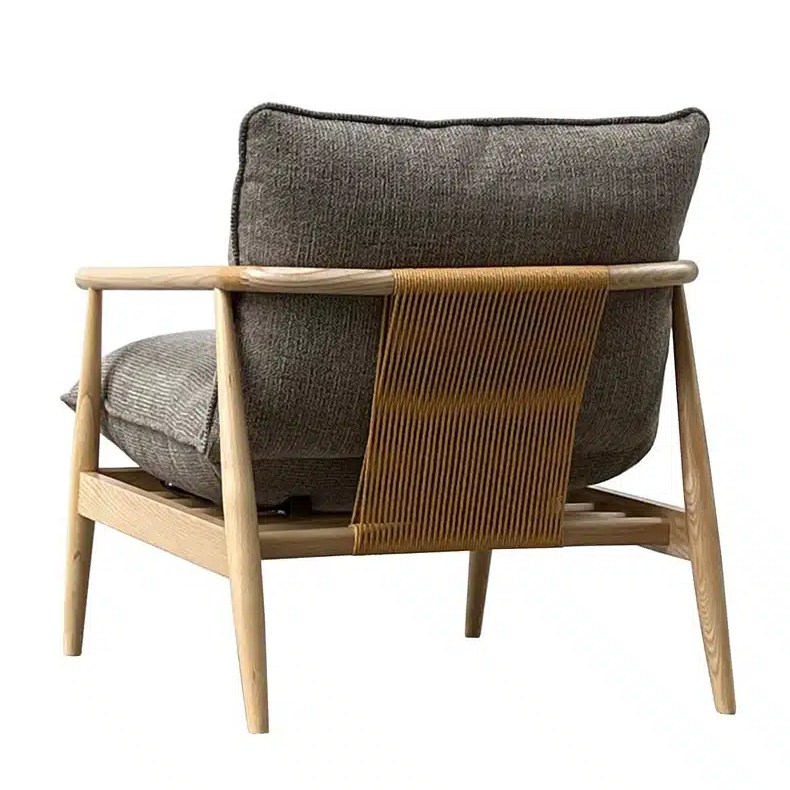 Antonio Armchair, ash frame armchair, latte fabric chair, rope detail armchair, feather-filled cushions