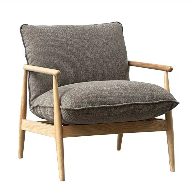Antonio Armchair, ash frame armchair, latte fabric chair, rope detail armchair, feather-filled cushions