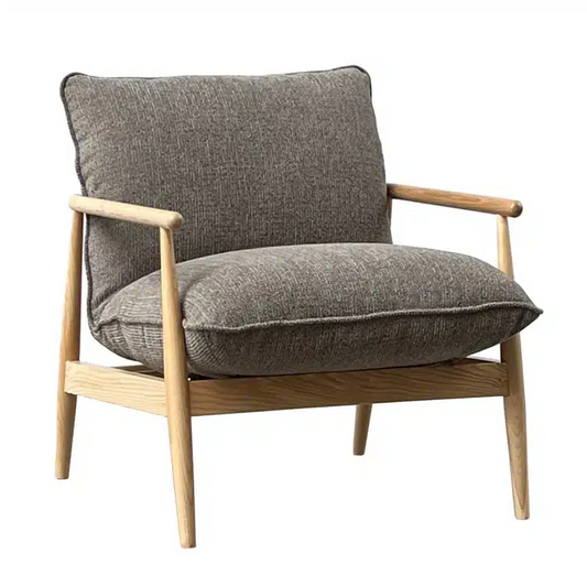 Antonio Armchair, ash frame armchair, latte fabric chair, rope detail armchair, feather-filled cushions