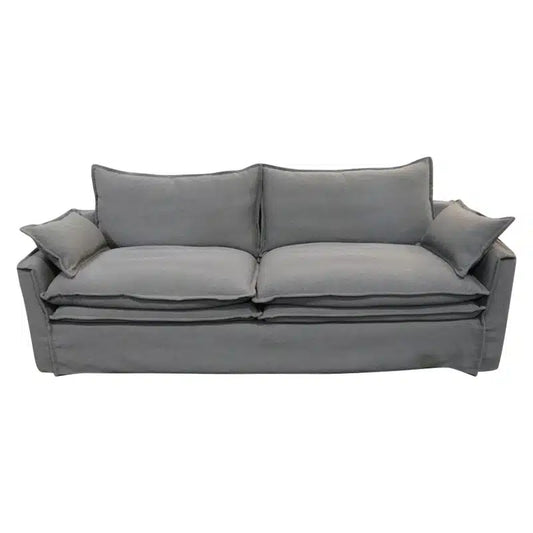 A contemporary three-seater sofa in a soft grey linen blend, designed for everyday comfort with a refined, tailored look.