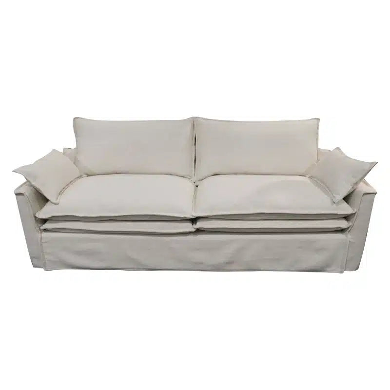 A contemporary three-seater sofa in a soft grey linen blend, designed for everyday comfort with a refined, tailored look.