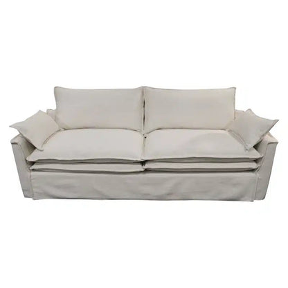 A contemporary three-seater sofa in a soft grey linen blend, designed for everyday comfort with a refined, tailored look.
