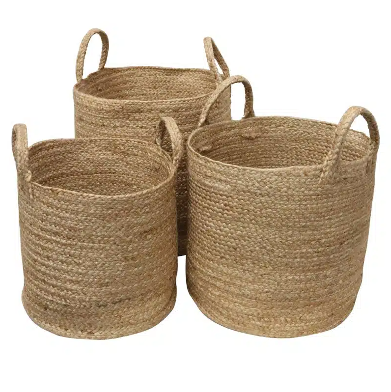 Set of three woven jute baskets with handles 