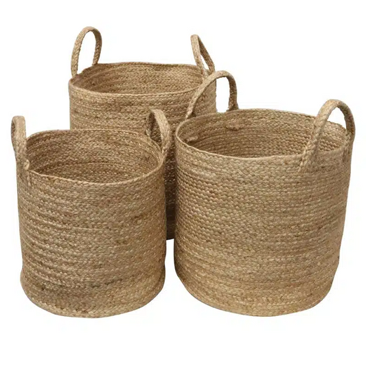 Set of three woven jute baskets with handles 