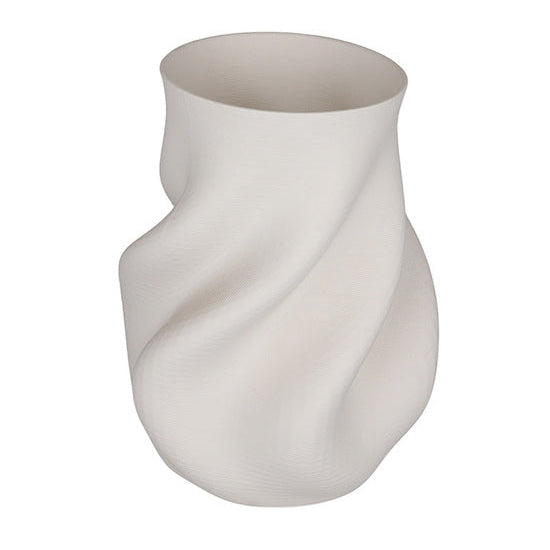 Discover the Bella Small Vase in white – a contemporary 3D printed ceramic piece with a sculptural silhouette, perfect for modern styling and decorative displays.