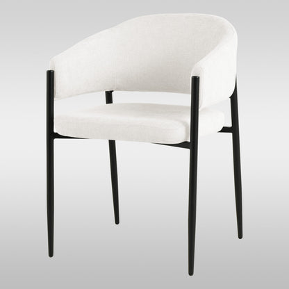 A modern dining chair in a soft cream fabric, featuring a sleek powder-coated steel frame and comfortable upholstered seat.