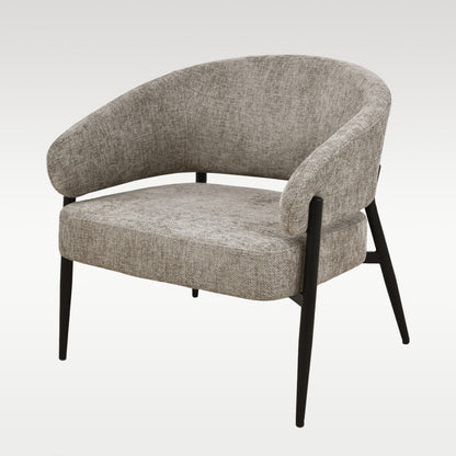 A contemporary occasional chair in a rich ash brown tone, combining soft upholstery with a sleek steel frame.