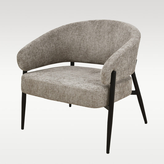 A contemporary occasional chair in a rich ash brown tone, combining soft upholstery with a sleek steel frame.