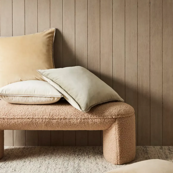 Shop the Francesca 50x50cm cushion – a velvet-look design with linen flange edge, offering soft texture and understated luxury for contemporary interiors.