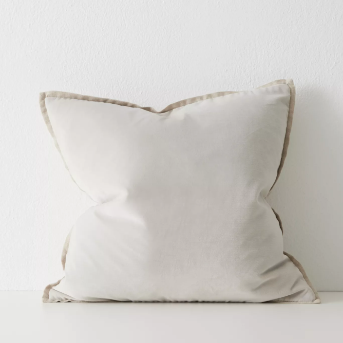 Shop the Francesca 50x50cm cushion – a velvet-look design with linen flange edge, offering soft texture and understated luxury for contemporary interiors.