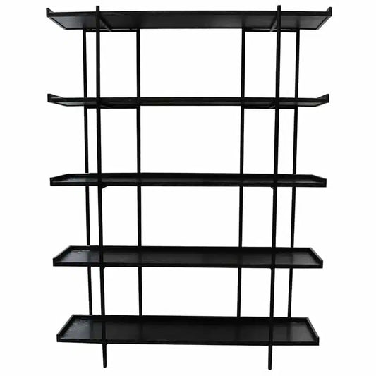 A bold, industrial-style bookcase combining oak shelving with a sleek black iron frame.