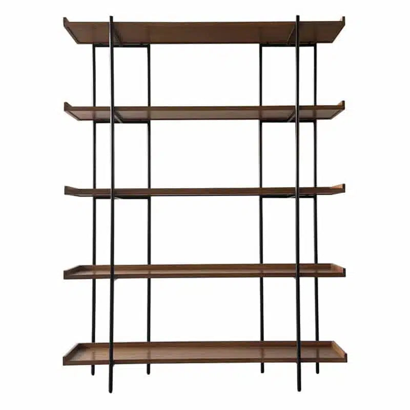 A bold, industrial-style bookcase combining oak shelving with a sleek black iron frame.
