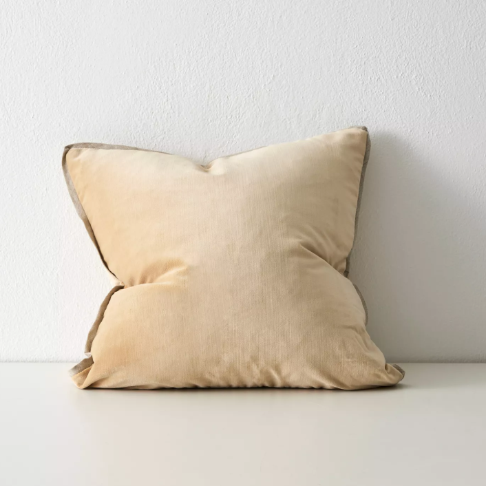 Shop the Francesca 50x50cm cushion – a velvet-look design with linen flange edge, offering soft texture and understated luxury for contemporary interiors.