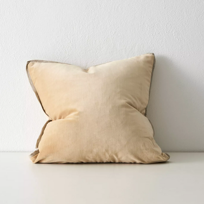 Shop the Francesca 50x50cm cushion – a velvet-look design with linen flange edge, offering soft texture and understated luxury for contemporary interiors.