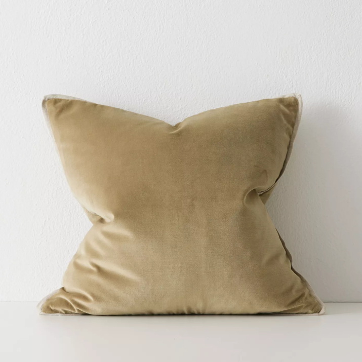 Shop the Francesca 50x50cm cushion – a velvet-look design with linen flange edge, offering soft texture and understated luxury for contemporary interiors.