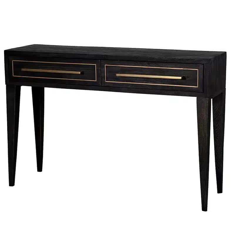 A striking console table crafted from distressed black mango wood with brass accents, blending texture, warmth, and refined elegance.