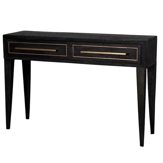 A striking console table crafted from distressed black mango wood with brass accents, blending texture, warmth, and refined elegance.