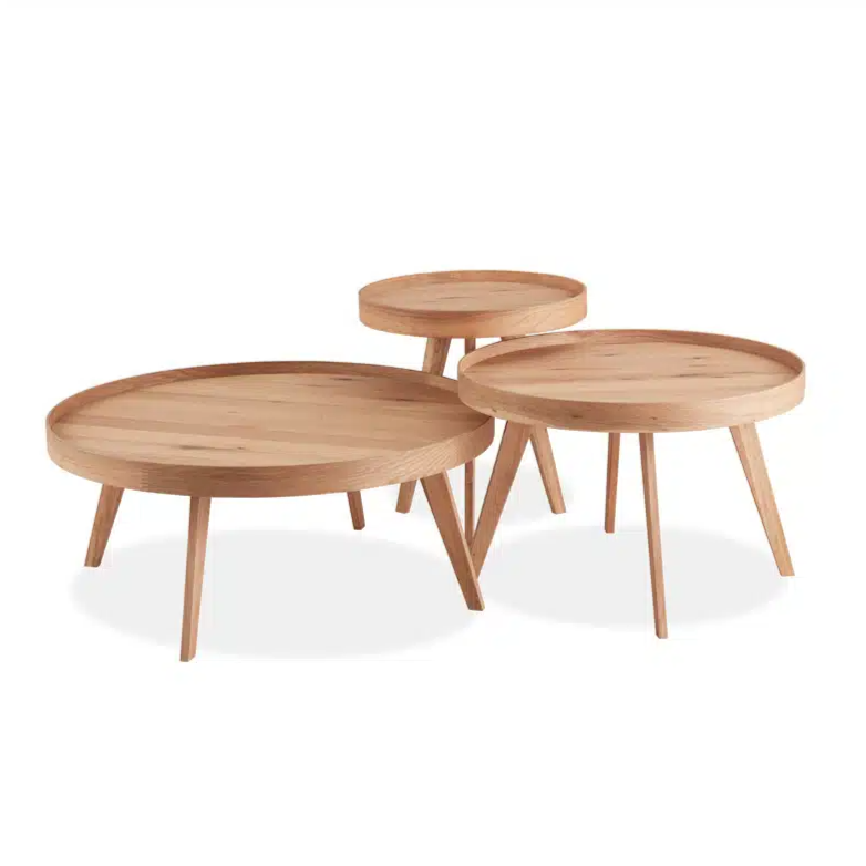 Reflect Coffee Tables, nesting tables, oak coffee tables, 3-piece table set, MDF + oak tables