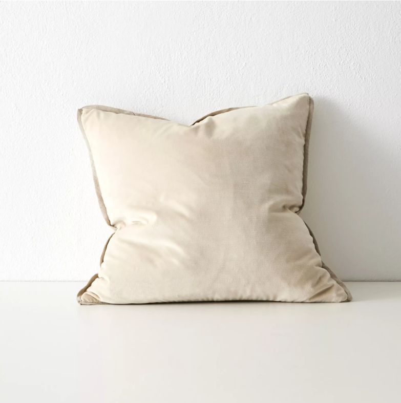 Plush velvet cushion with linen micro-flange detailing
