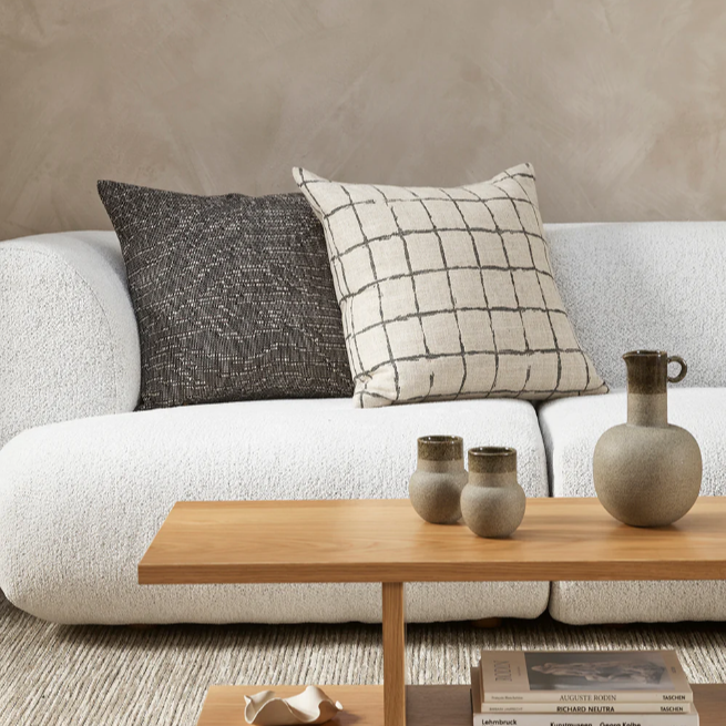 Harrison Cushion in ochre and ivory ragged grid pattern