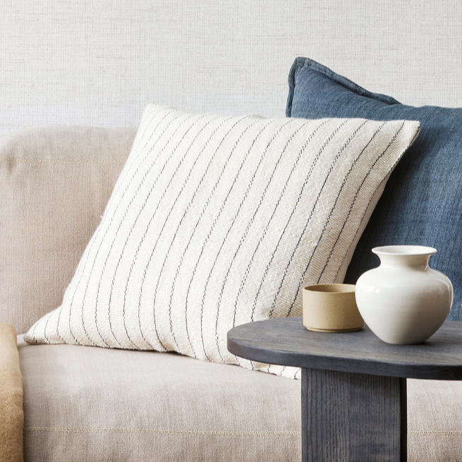 Hokkaido wool and cotton throw in neutral with navy linear design